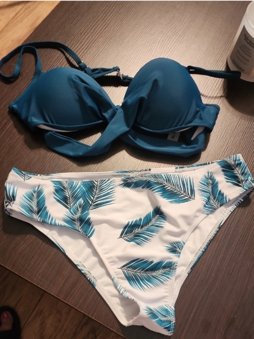 SHEIN Teal Push-Up Bikini Top with White Palm-Print Bottoms